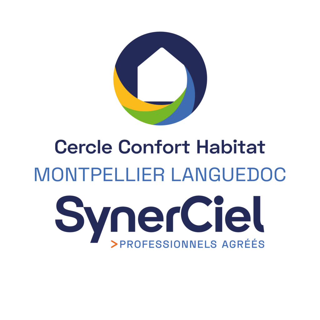 SynerCiel Montpellier Languedoc - Cercle Confort Habitat Logo SynerCiel Cercle Confort Habitat Montpellier Languedoc, icône maison et arcs colorés.