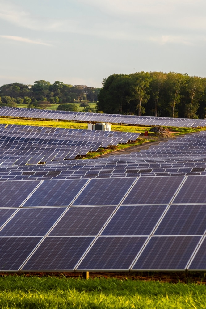 Parc Solaire : Énergie Renouvelable en Pleine Nature Vaste parc solaire avec des rangées de panneaux photovoltaïques bleus dans un champ verdoyant sous un ciel dégagé.